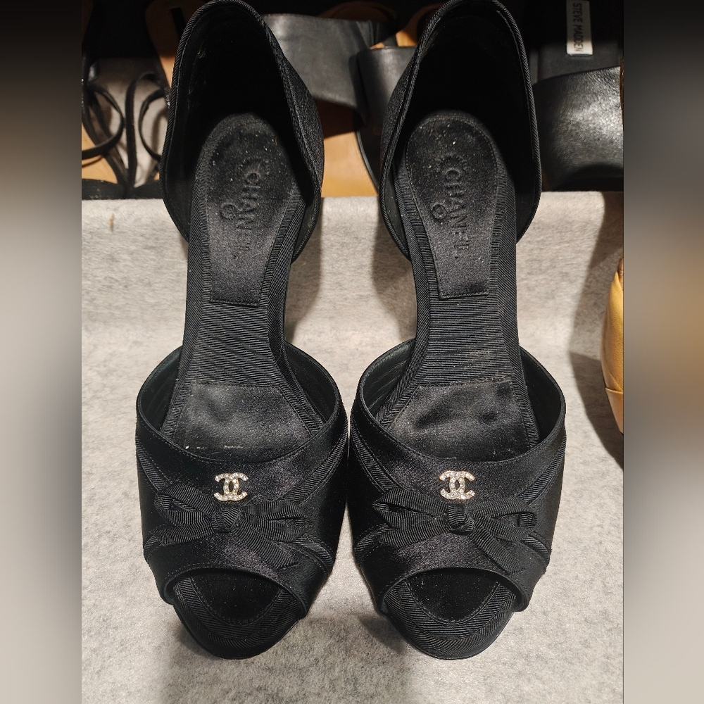 Chanel Black Satin Peep-Toe Heels